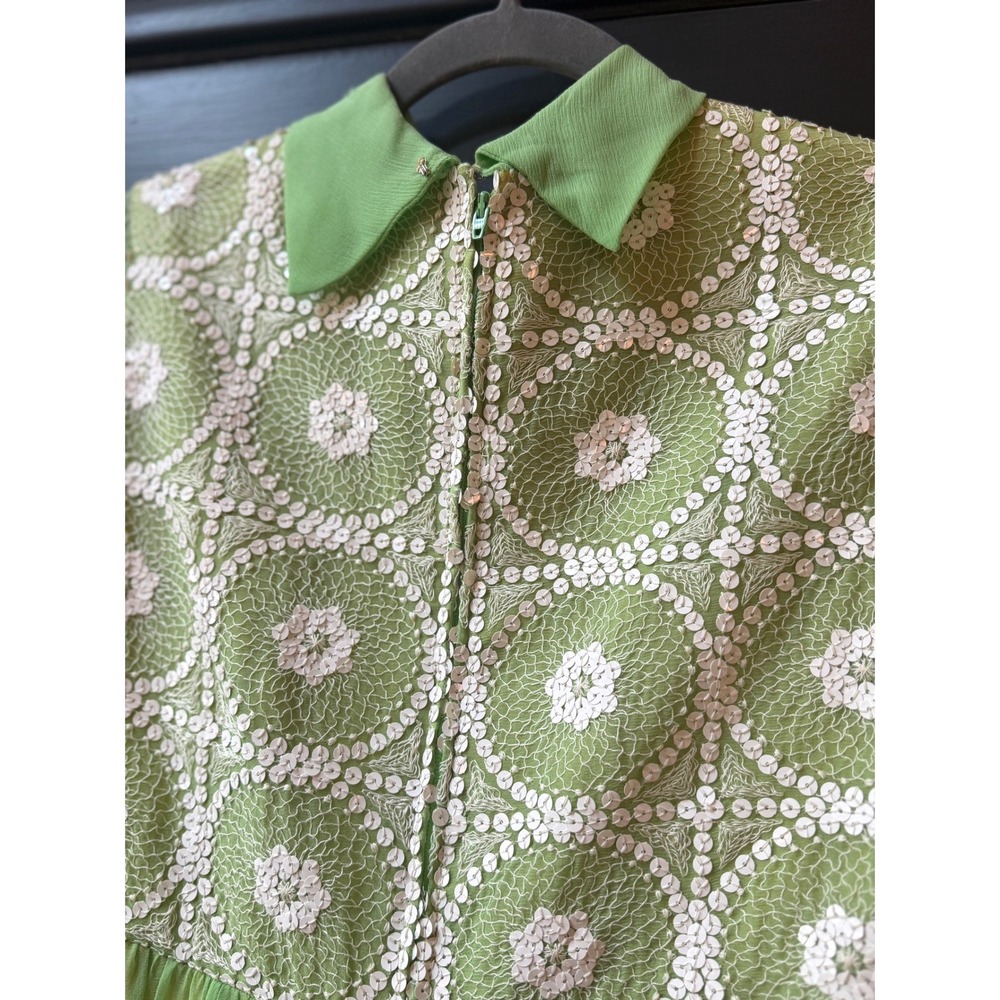Vintage 1970s Lime Green Chiffon Dress Crochet Sequin Bodice Sheer Sleeve 70s - Picture 2 of 12